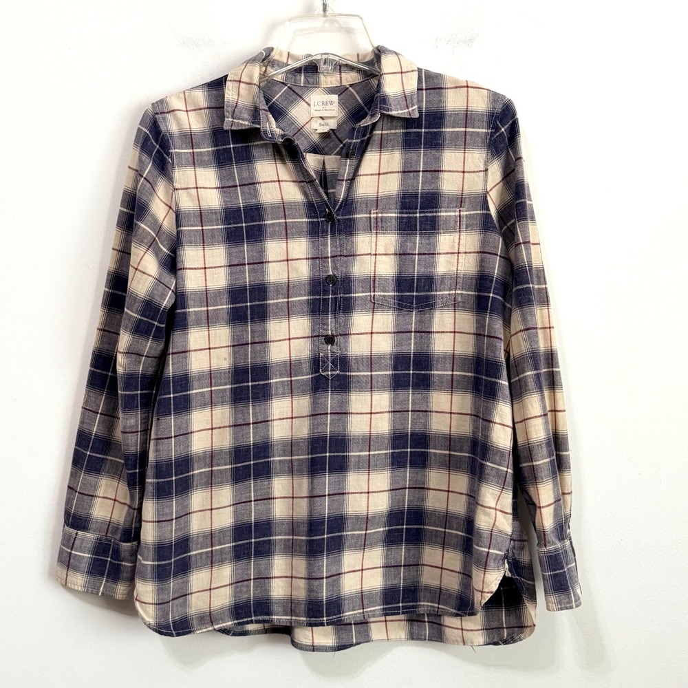 J Crew Womens Henley Top Shirt M Petite Blue Tan Plaid Popover Preppy FLAW